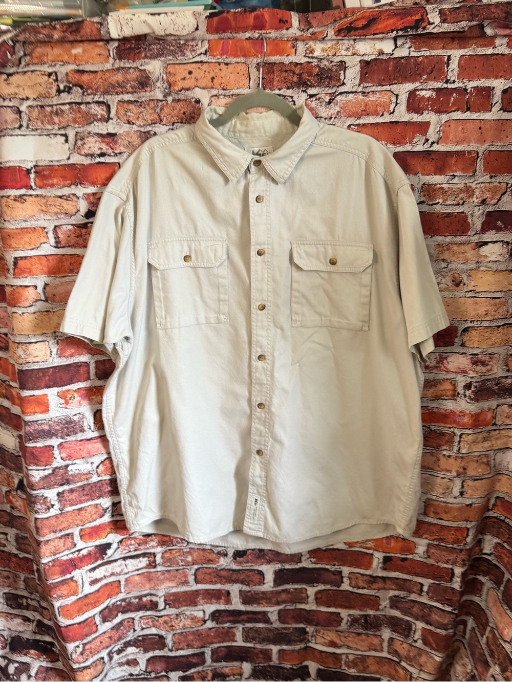 Vintage REI Men’s XL Khaki Beige Cotton Short Sleeve Hiking Safari Shirt Korea